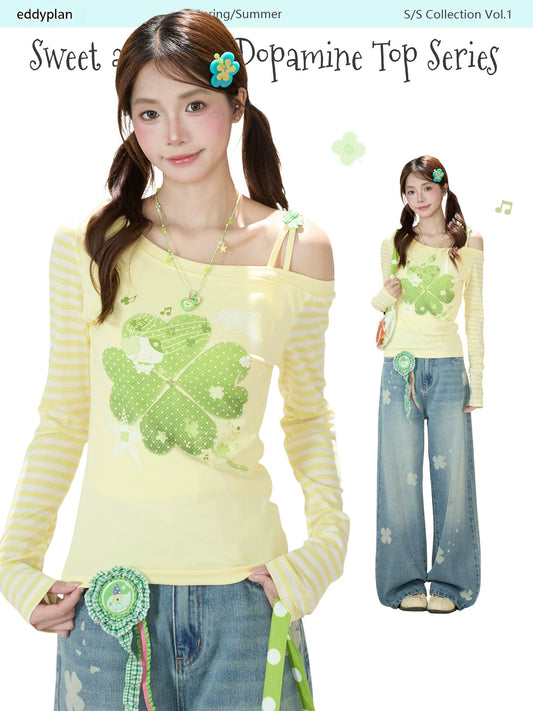 Clover Stripe Off-Shoulder Long Sleeve Top