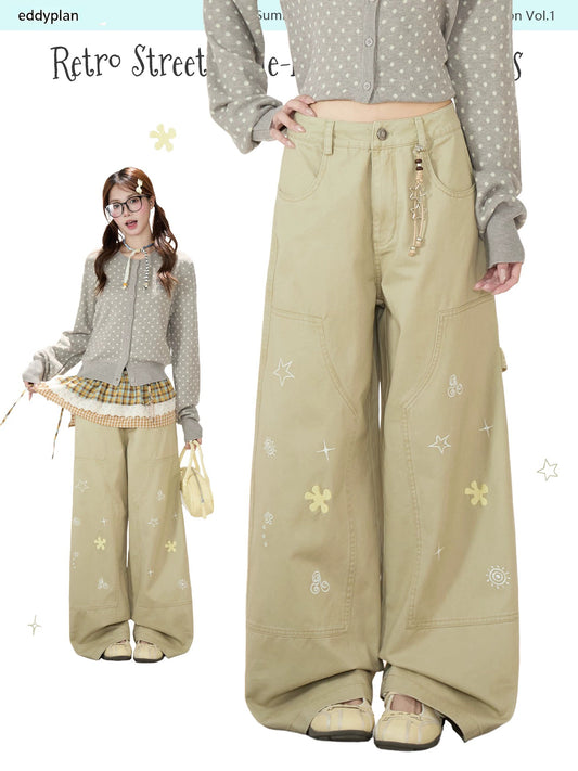 Playful Embroidered Wide-Leg Cargo Pants