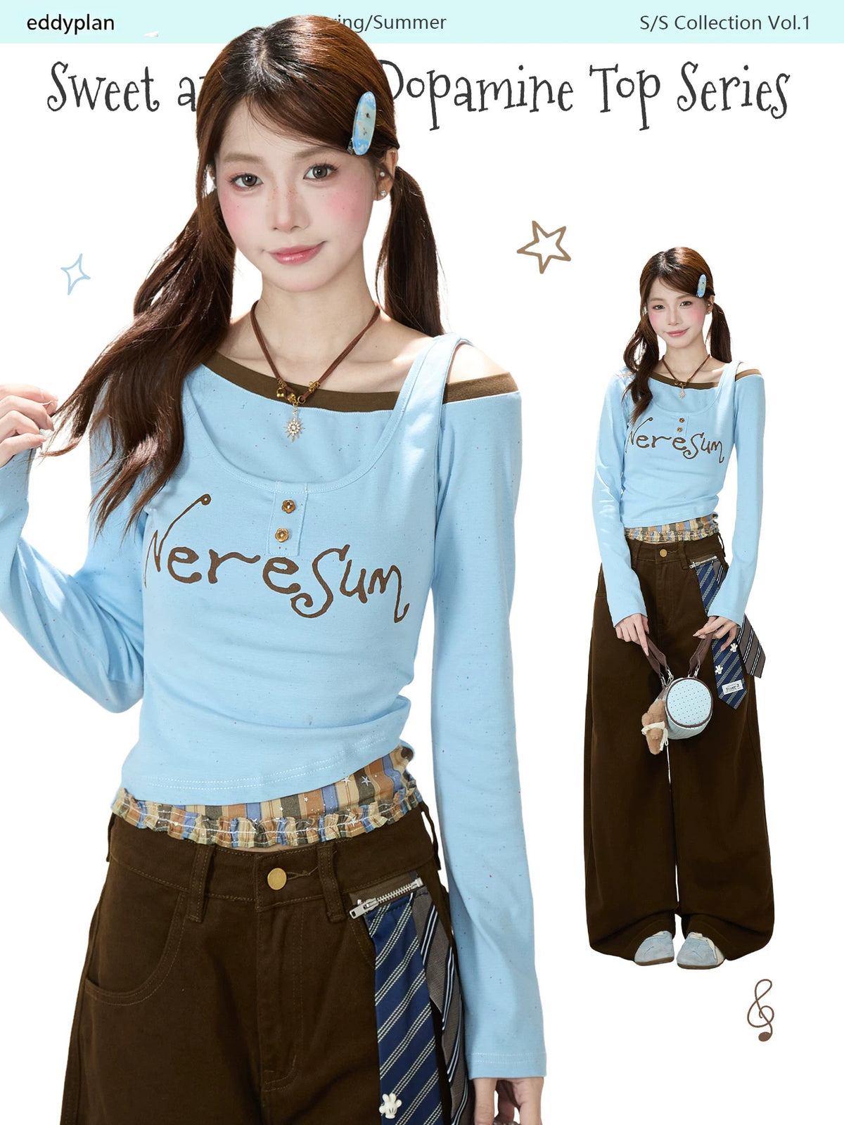 Letter Layered Long Sleeve Top & Coffee Wide-Leg Pants