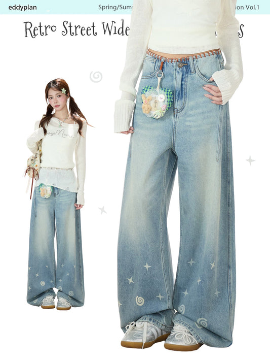 Playful Star Print Washed Wide-Leg Jeans