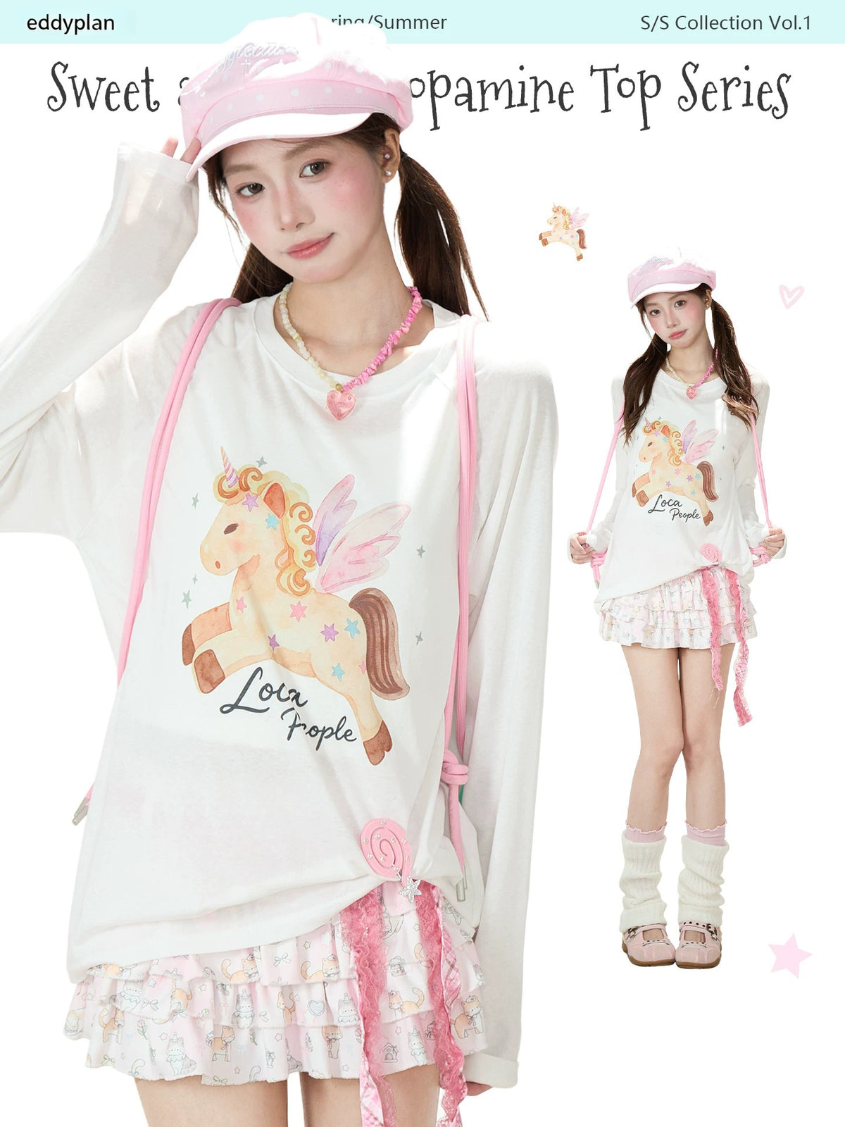 Cartoon Pony Long Sleeve Top & Pink Ruffle Mini Skirt