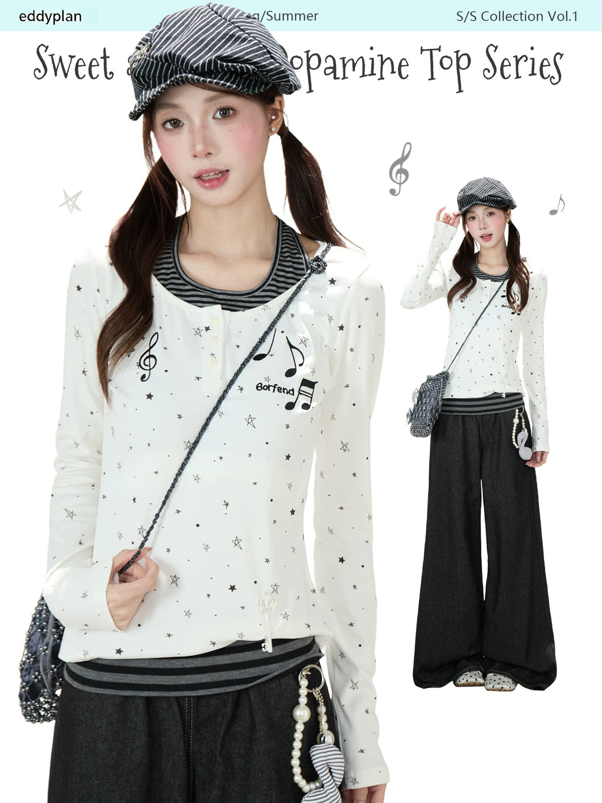 Star Music Note Halter Layered Long Sleeve Top & Black Wide-Leg Pants