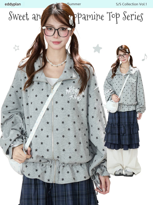Allover Star Zip-Up Sweatshirt Jacket & Blue Plaid Tiered Midi Skirt