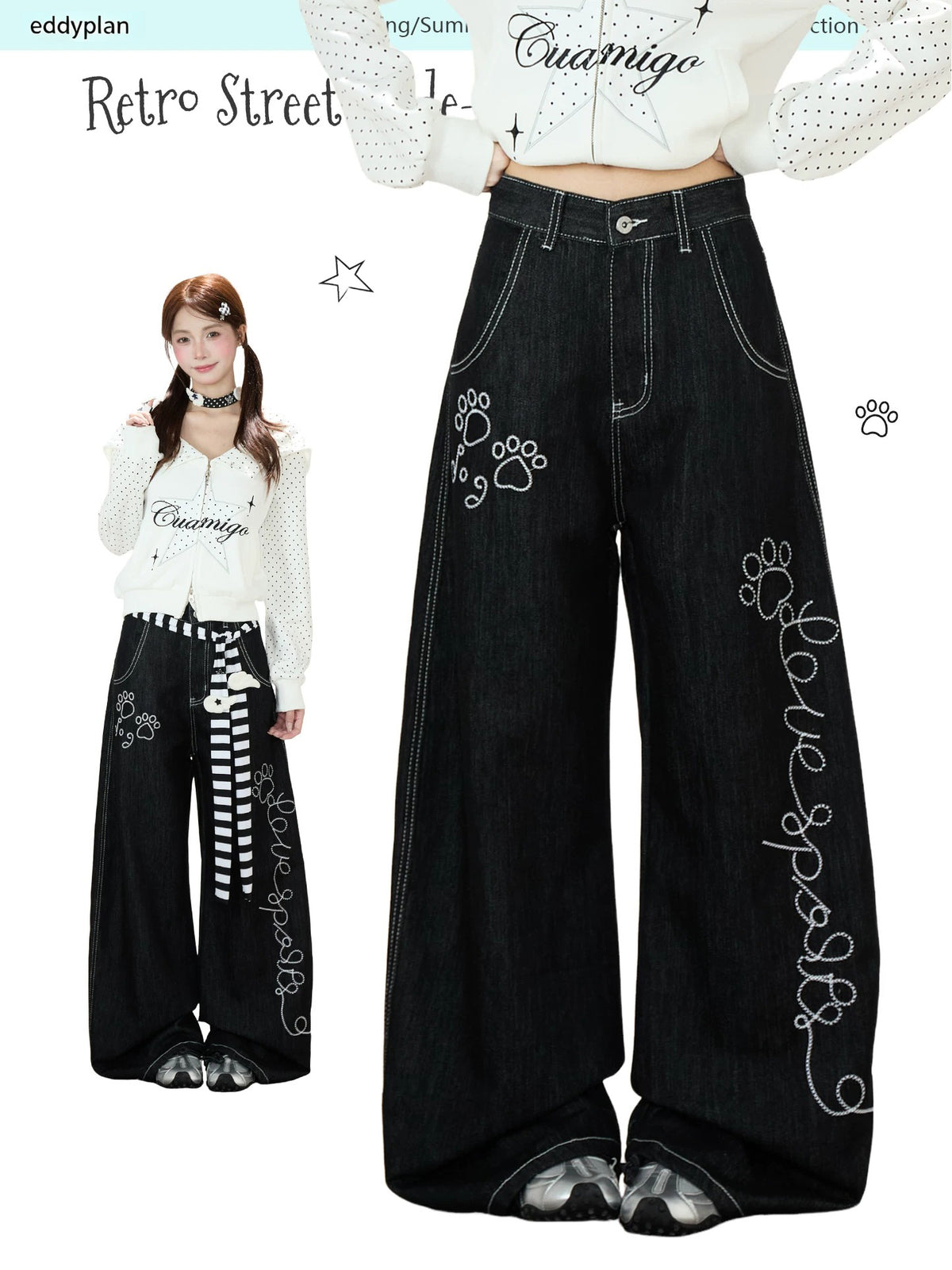 Paw Print Graphic Wide-Leg Jeans