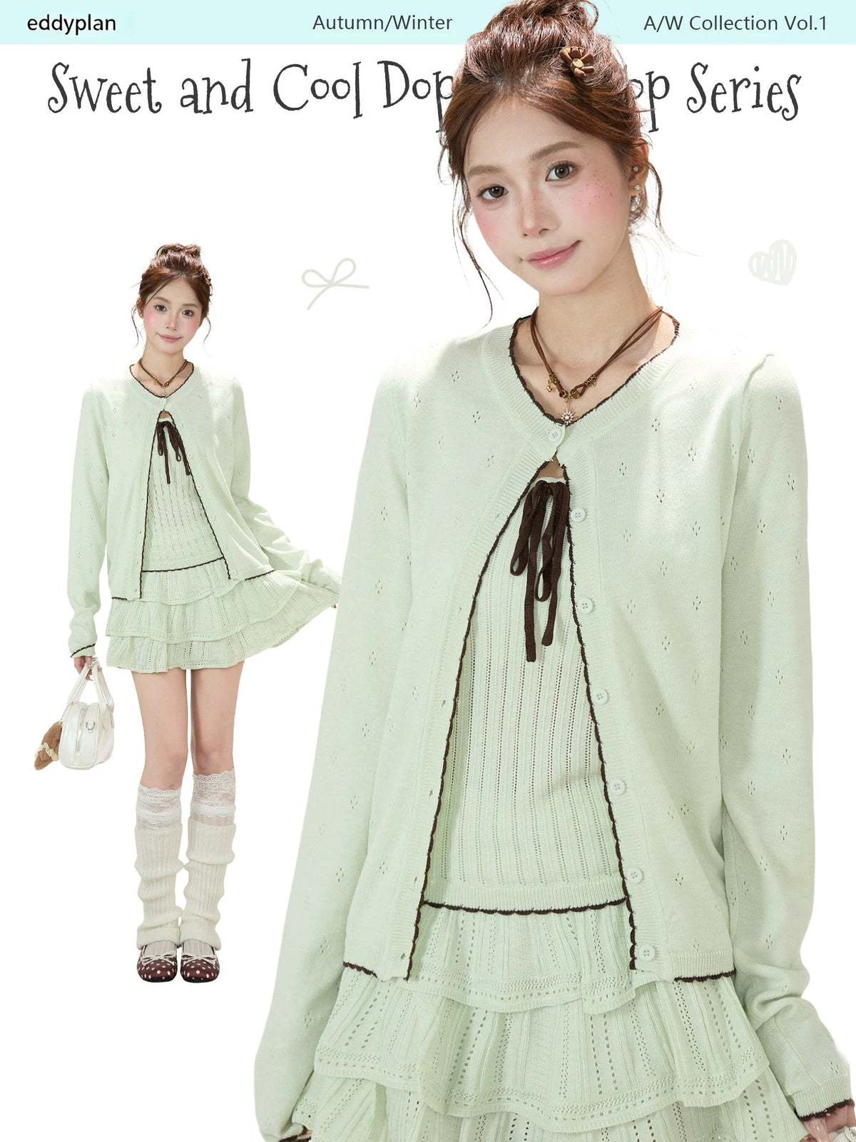 Pointelle Bow Cardigan & Cami Knit Set & Tiered Ruffle Mini Skirt
