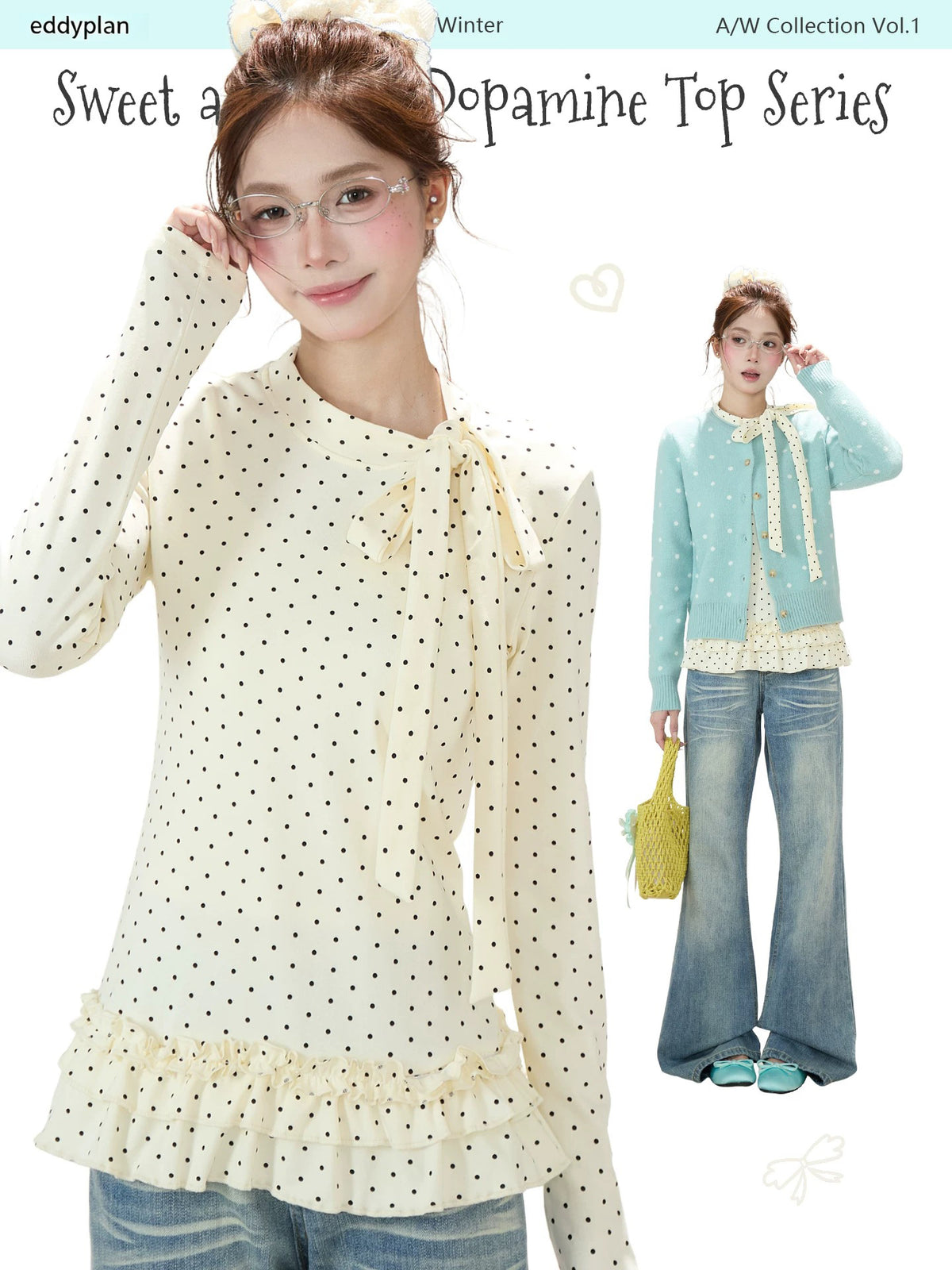 Polka-Dot Bow Ruffle-Hem Long Sleeve Top & Washed Flare Jeans