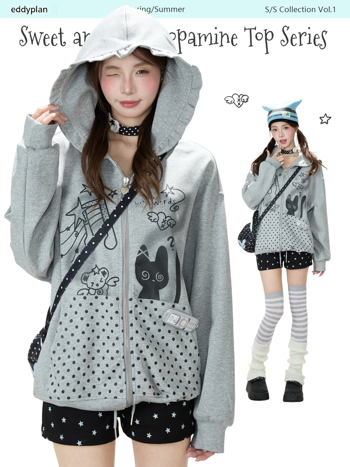 Cartoon Polka-Dot Zip-Up Hoodie & Star Print Shorts