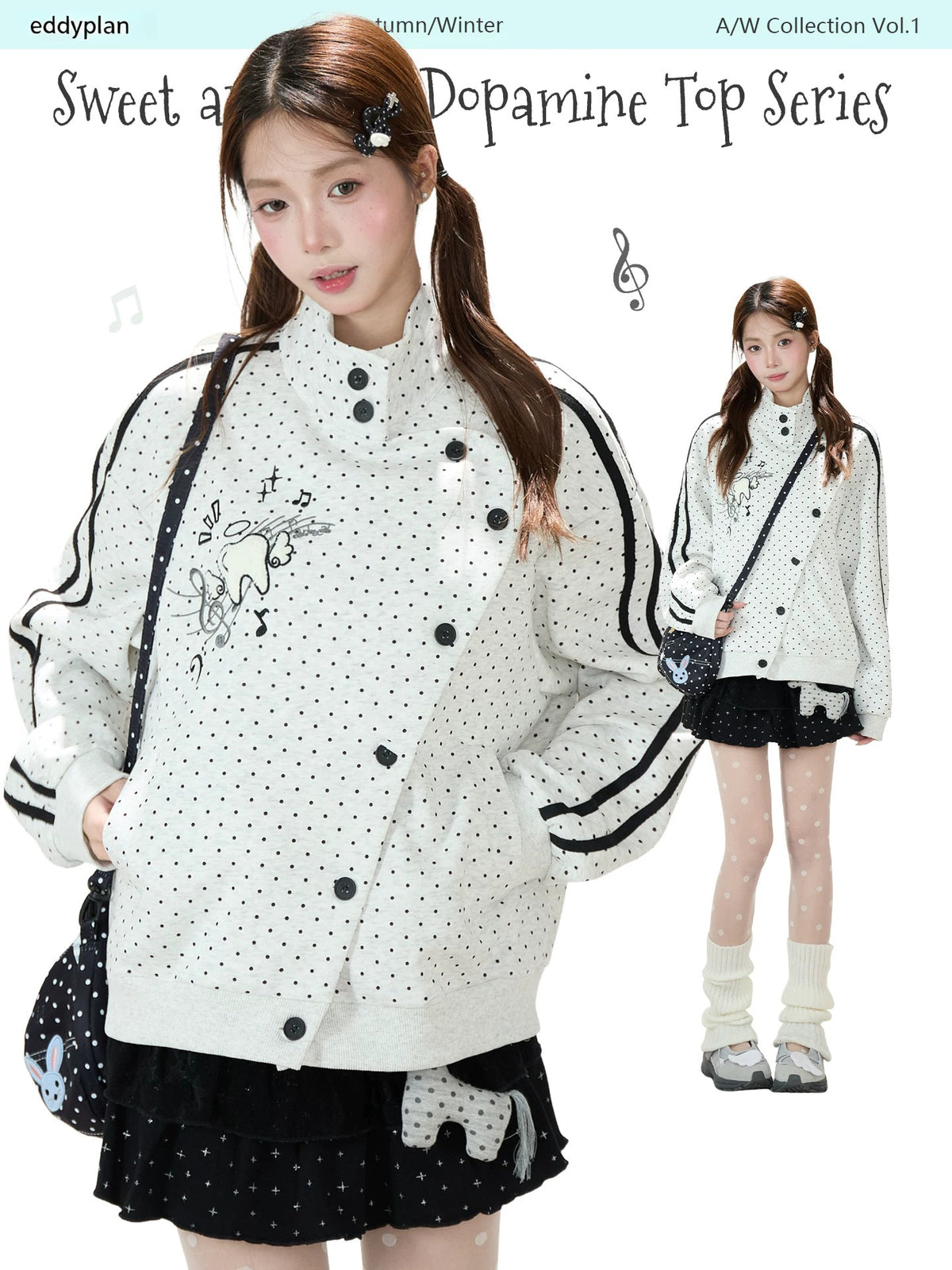 Polka-Dot Stripe Asymmetric Button Jacket & Black Tiered Mini Skirt