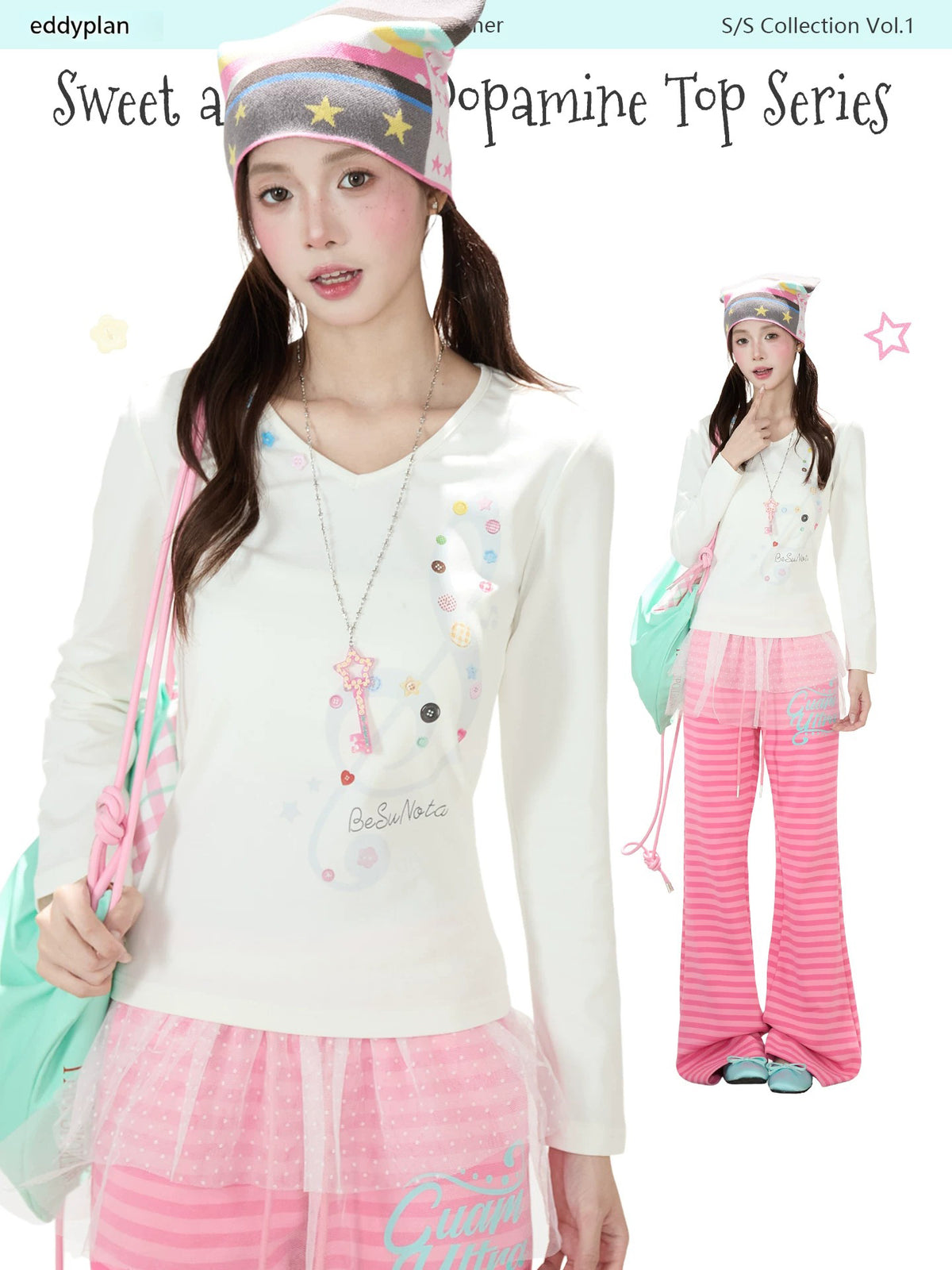 Music Note Star Button V-Neck Long Sleeve Top & Pink Stripe Wide-Leg Pants