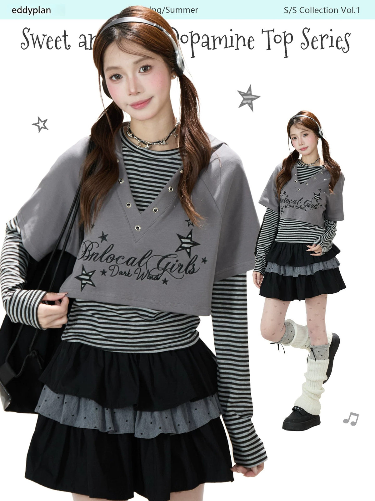 Graphic Cropped Hooded Tee, Striped Layering Long Sleeve Top & Tiered Mini Skirt