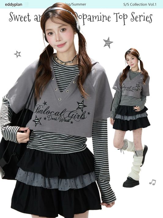 Graphic Cropped Hooded Tee, Striped Layering Long Sleeve Top & Tiered Mini Skirt