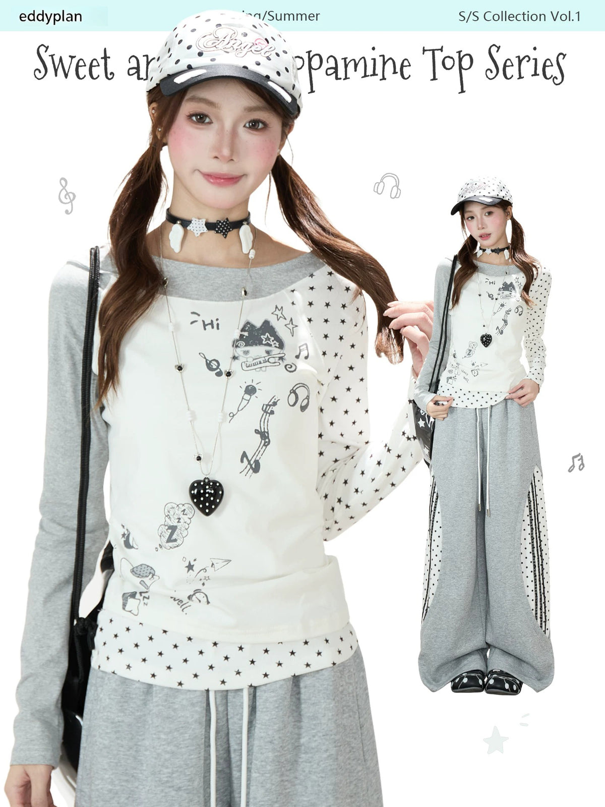 Star Patchwork Layered Long Sleeve Top & Gray Polka-Dot Wide-Leg Pants