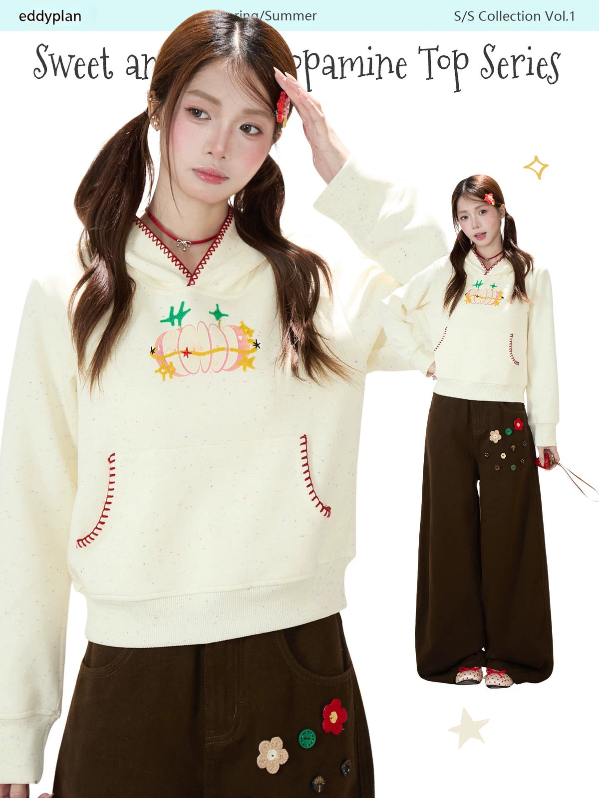 Apple Embroidered Hoodie & Floral Wide-Leg Sweatpants