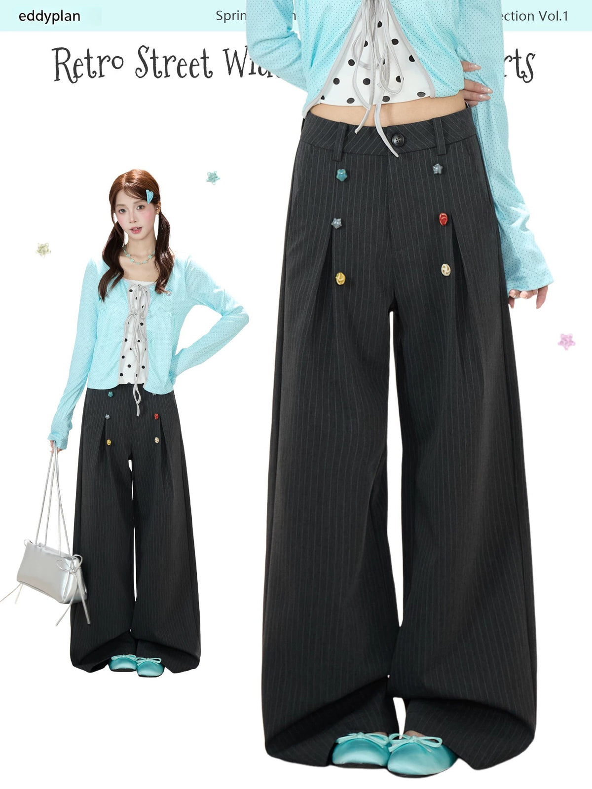 Pinstripe Button Wide-Leg Pants