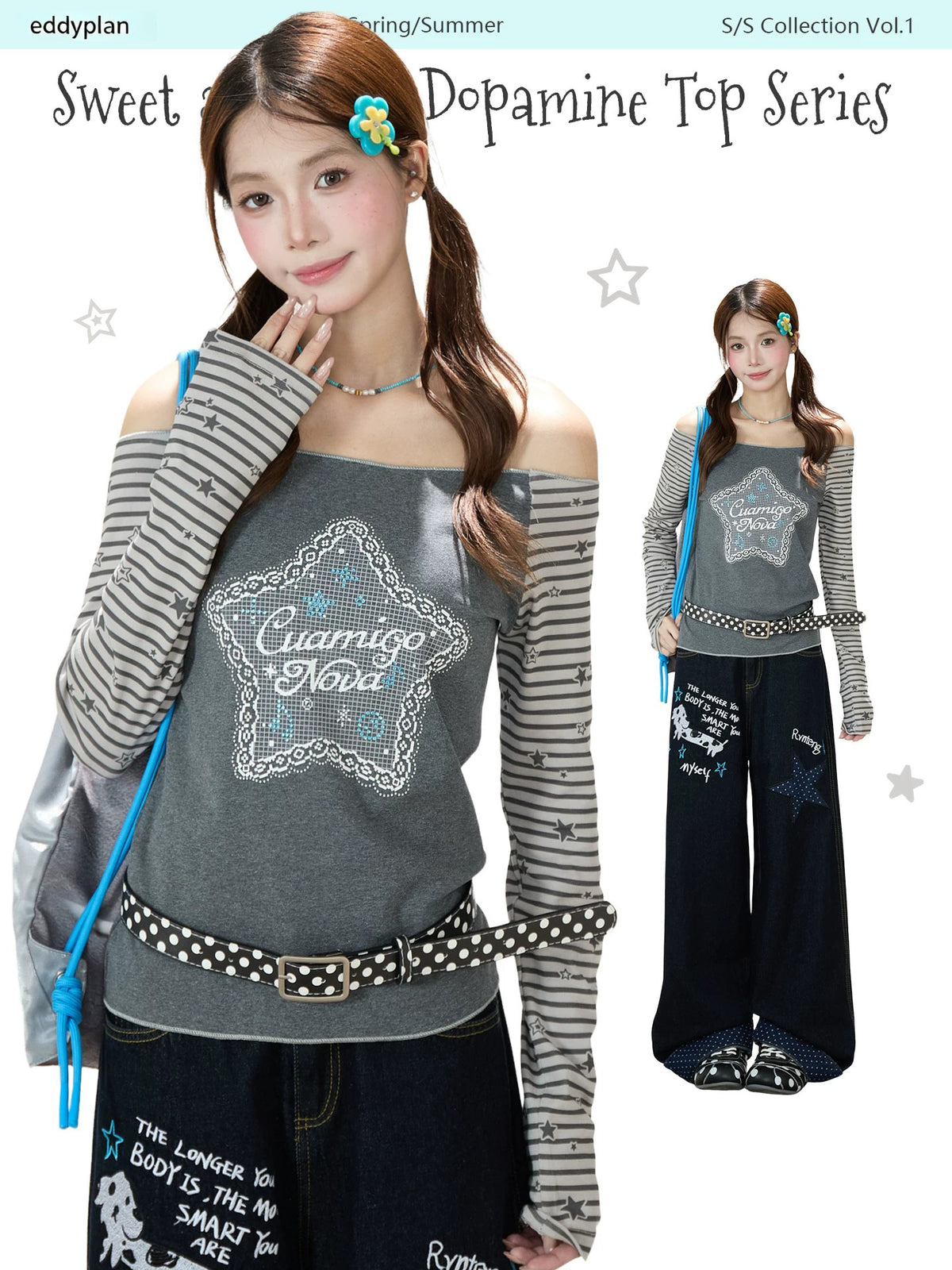 Star Stripe Off-Shoulder Long Sleeve Top & Graphic Star Wide-Leg Pants