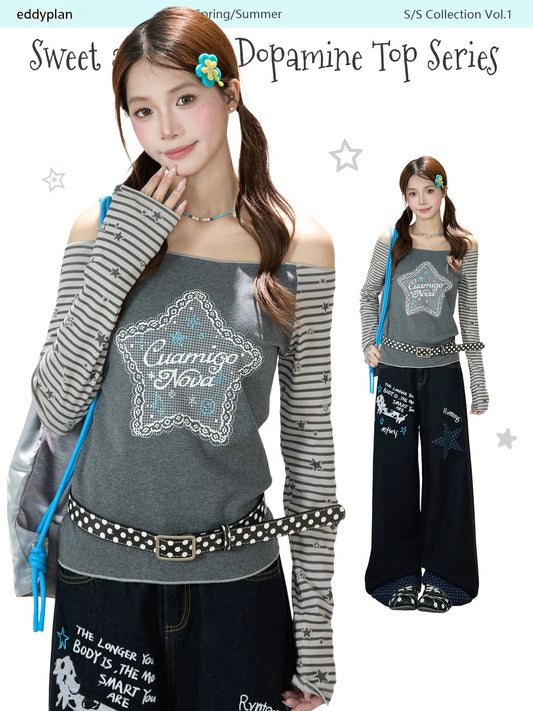 Star Stripe Off-Shoulder Long Sleeve Top & Graphic Star Wide-Leg Pants