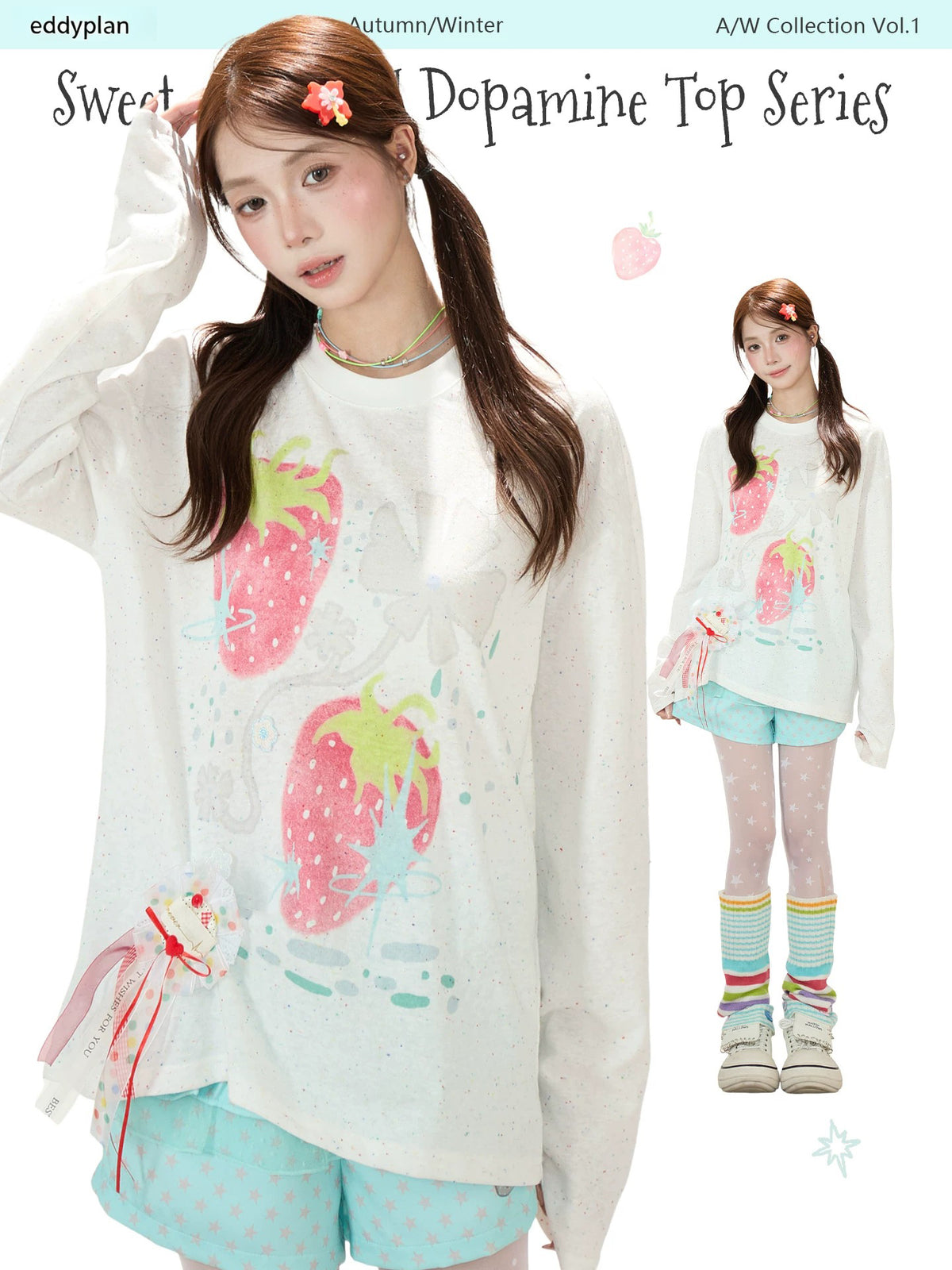 Strawberry Doodle Long Sleeve Tee & Aqua Polka-Dot Shorts