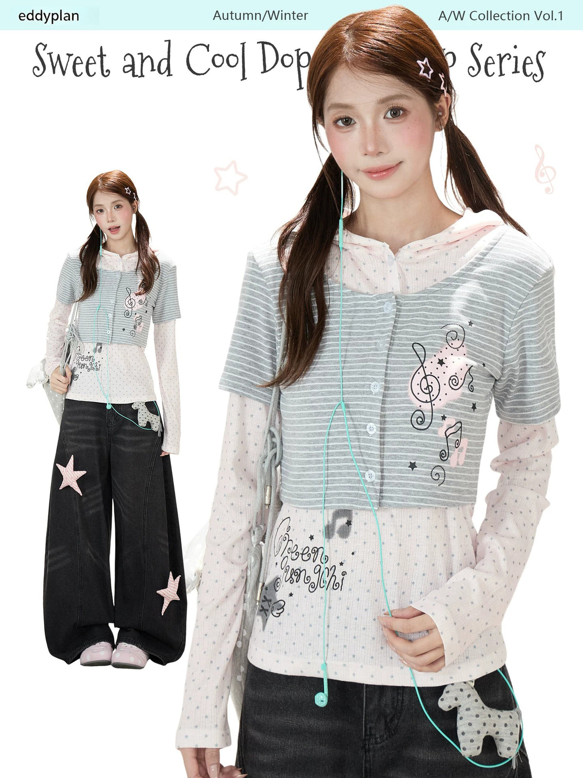 Striped Polka-Dot Layered Two-Piece Top Set & Star Patch Wide-Leg Jeans