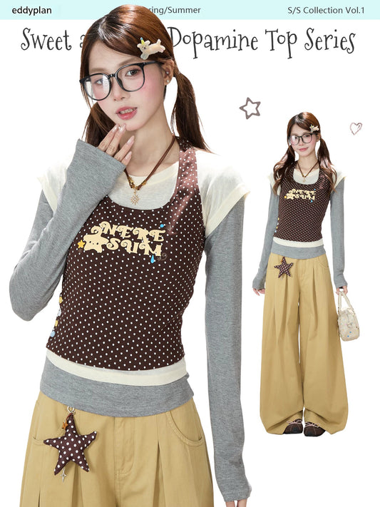 Coffee Polka-Dot Layered Long Sleeve Top