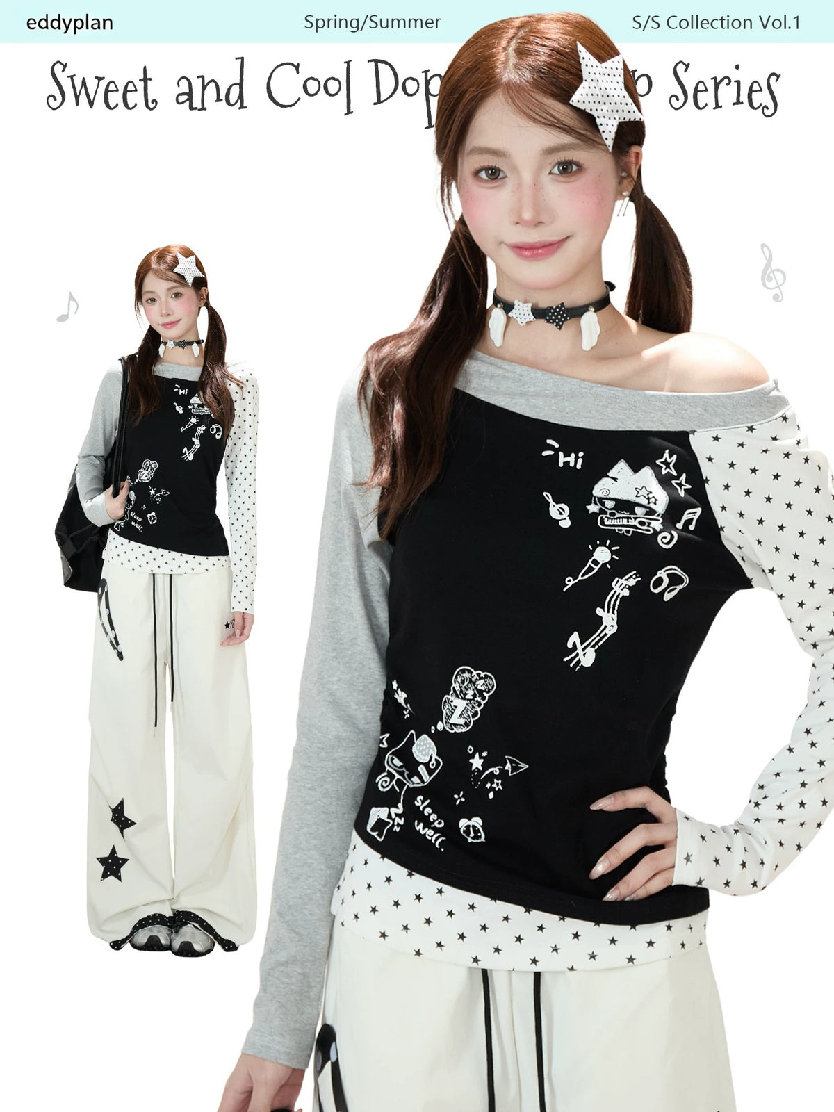 Cartoon Star Off-Shoulder Long Sleeve Top & Star Patch Wide-Leg Pants