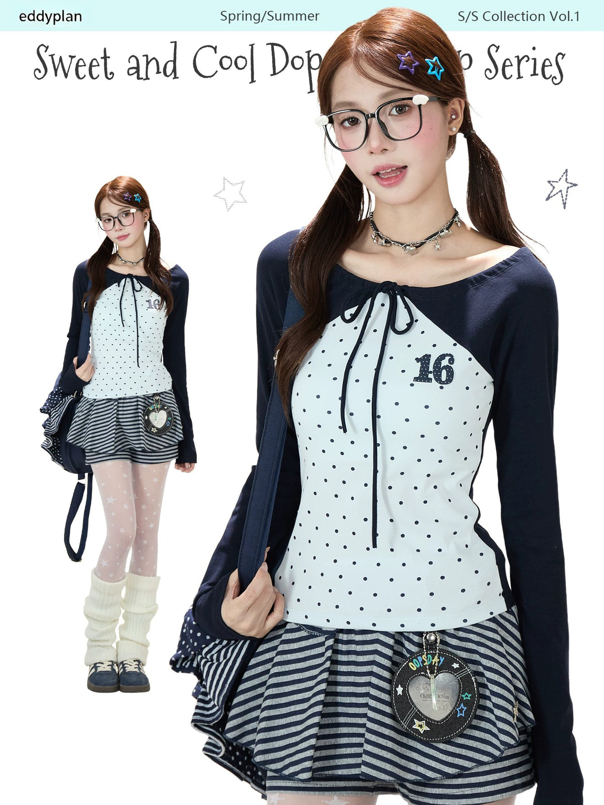 Polka-Dot Tie-Front Off-Shoulder Long Sleeve Top & Royal Blue Stripe Ruffle Mini Skirt
