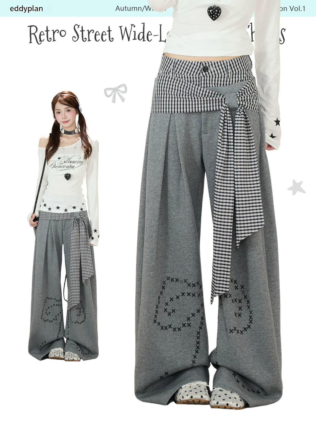 Plaid Tie-Panel Wide-Leg Sweatpants