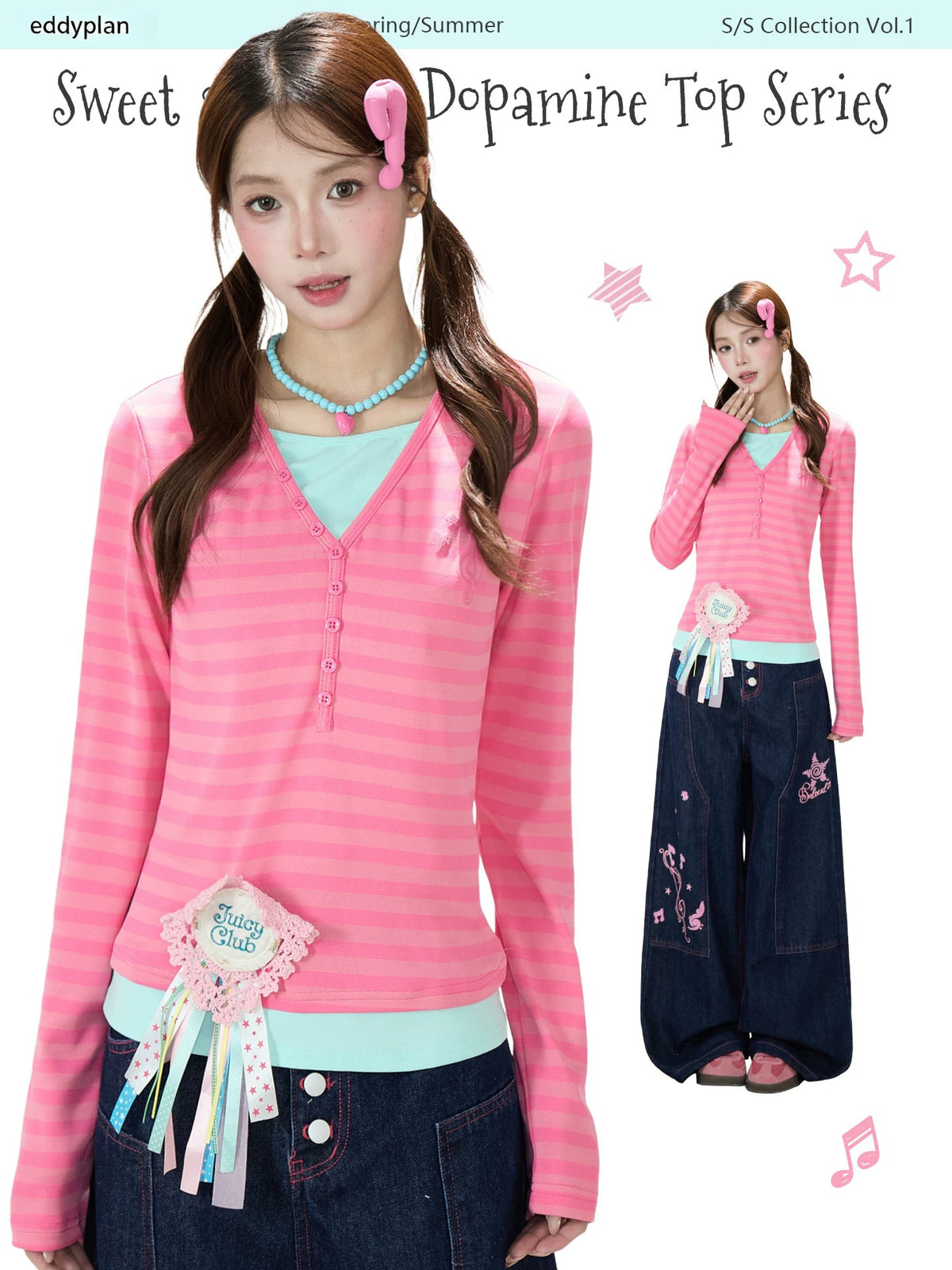 Pink Stripe Layered Long Sleeve Top & Music Note Star Embroidered Wide-Leg Jeans