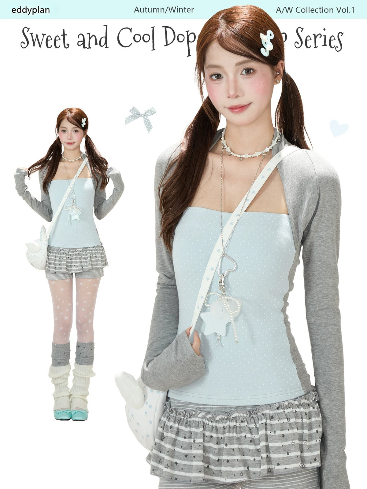 Polka-Dot Layered Cami Long Sleeve Top & Gray Ruffle Shorts
