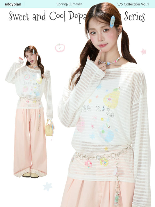 Playful Stripe Graphic Sheer Long Sleeve Top & Pink Wide-Leg Pants
