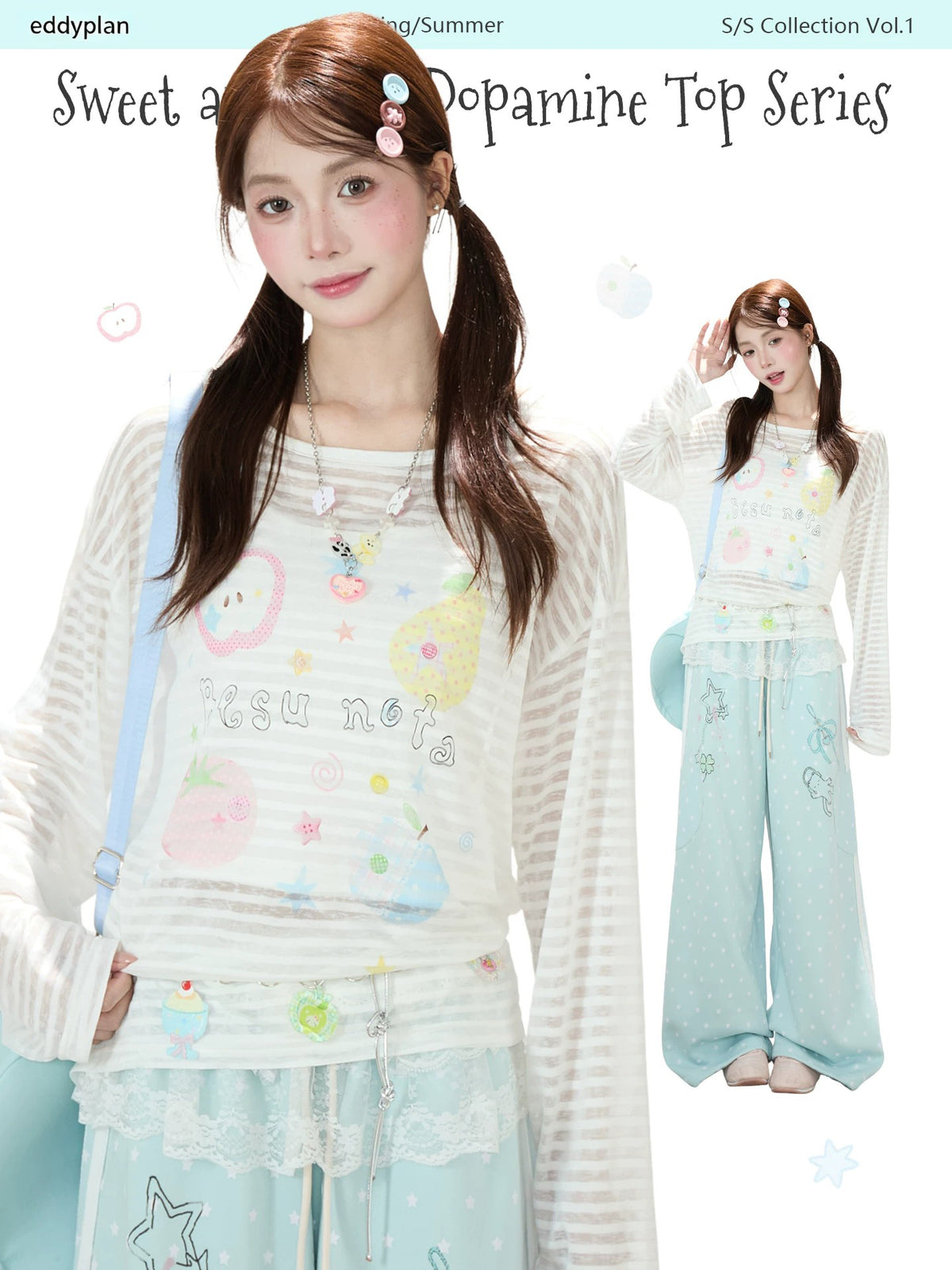 Fruit Doodle Stripe Long Sleeve Top & Polka-Dot Wide-Leg Pants