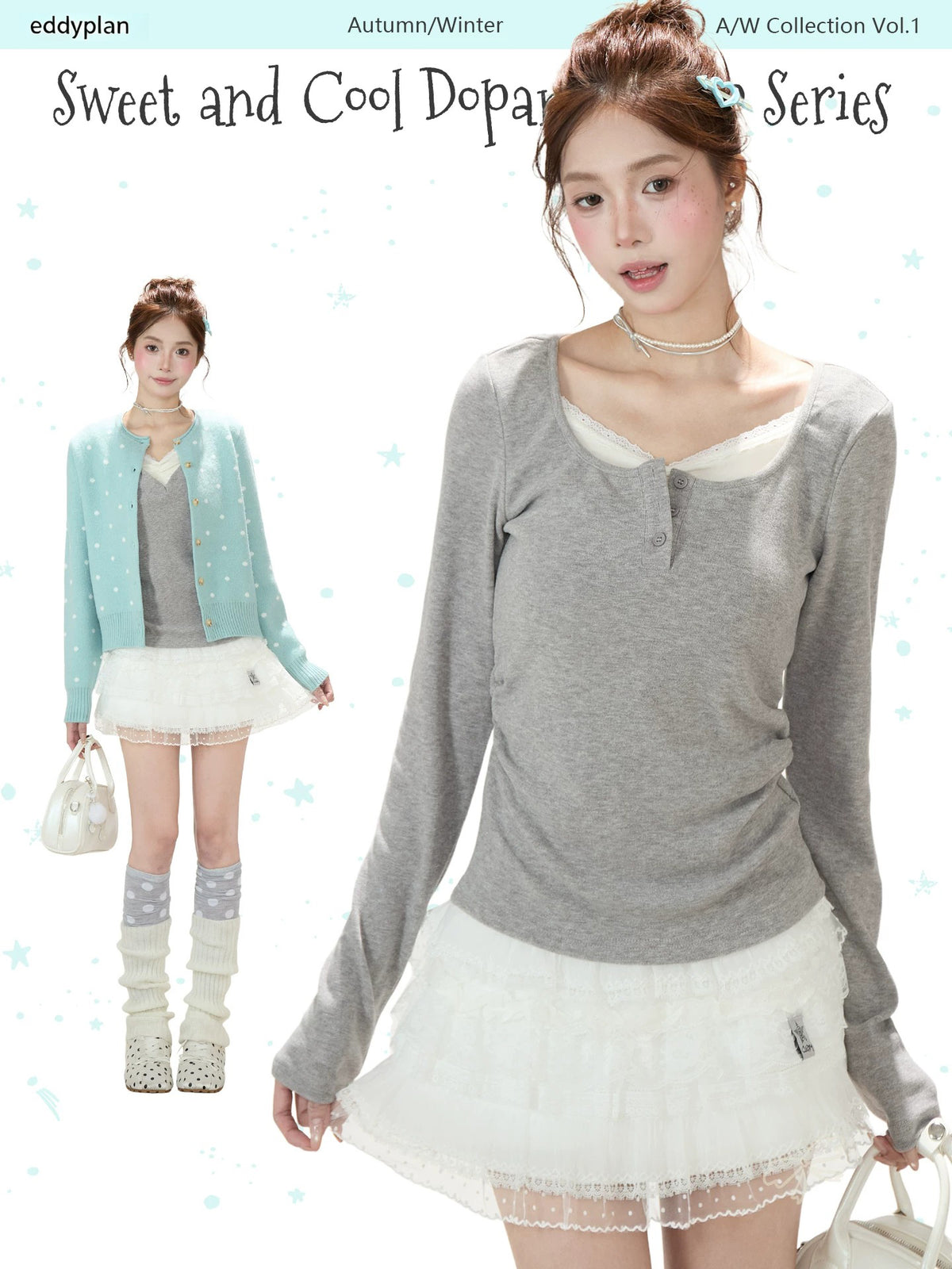 Faux-Layered V-Neck Long Sleeve Top & Ruffle Mini Skirt