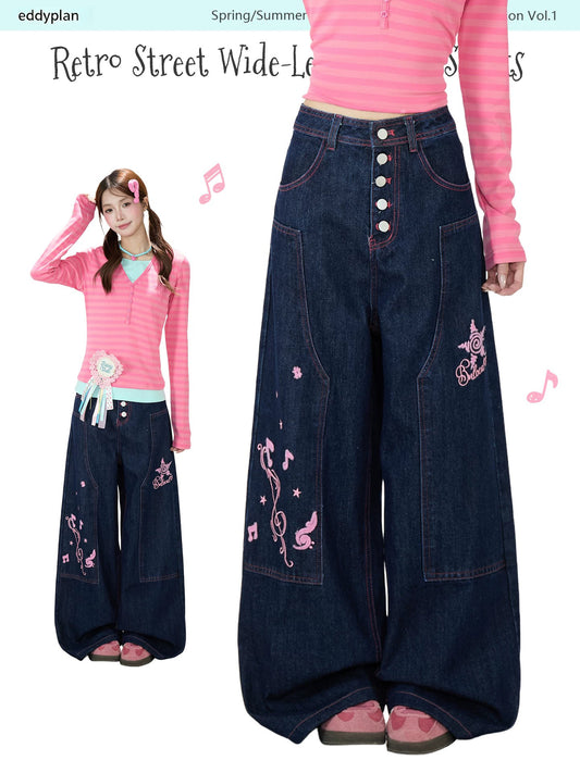 Music Note Star Embroidered Wide-Leg Jeans