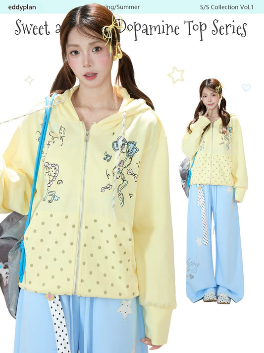 Bow Music Note Polka-Dot Zip-Up Hoodie & Blue Star Wide-Leg Pants