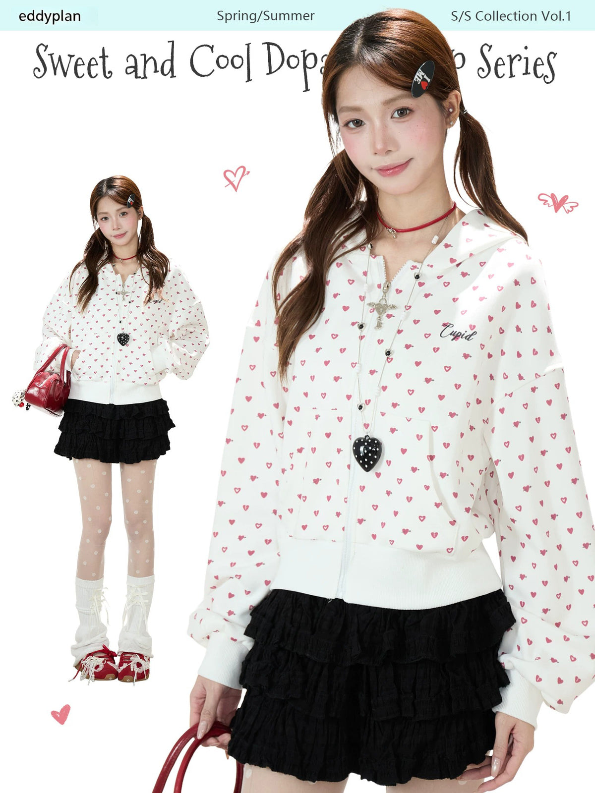 Heart Print Zip-Up Hoodie & Black Tiered Ruffle Mini Skirt