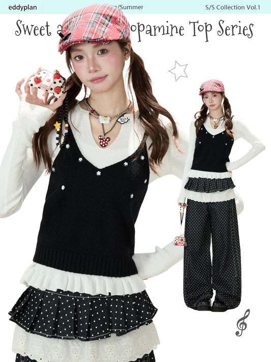 Floral Button Knit Vest, White Layering Long Sleeve Top & Black Wide-Leg Pants
