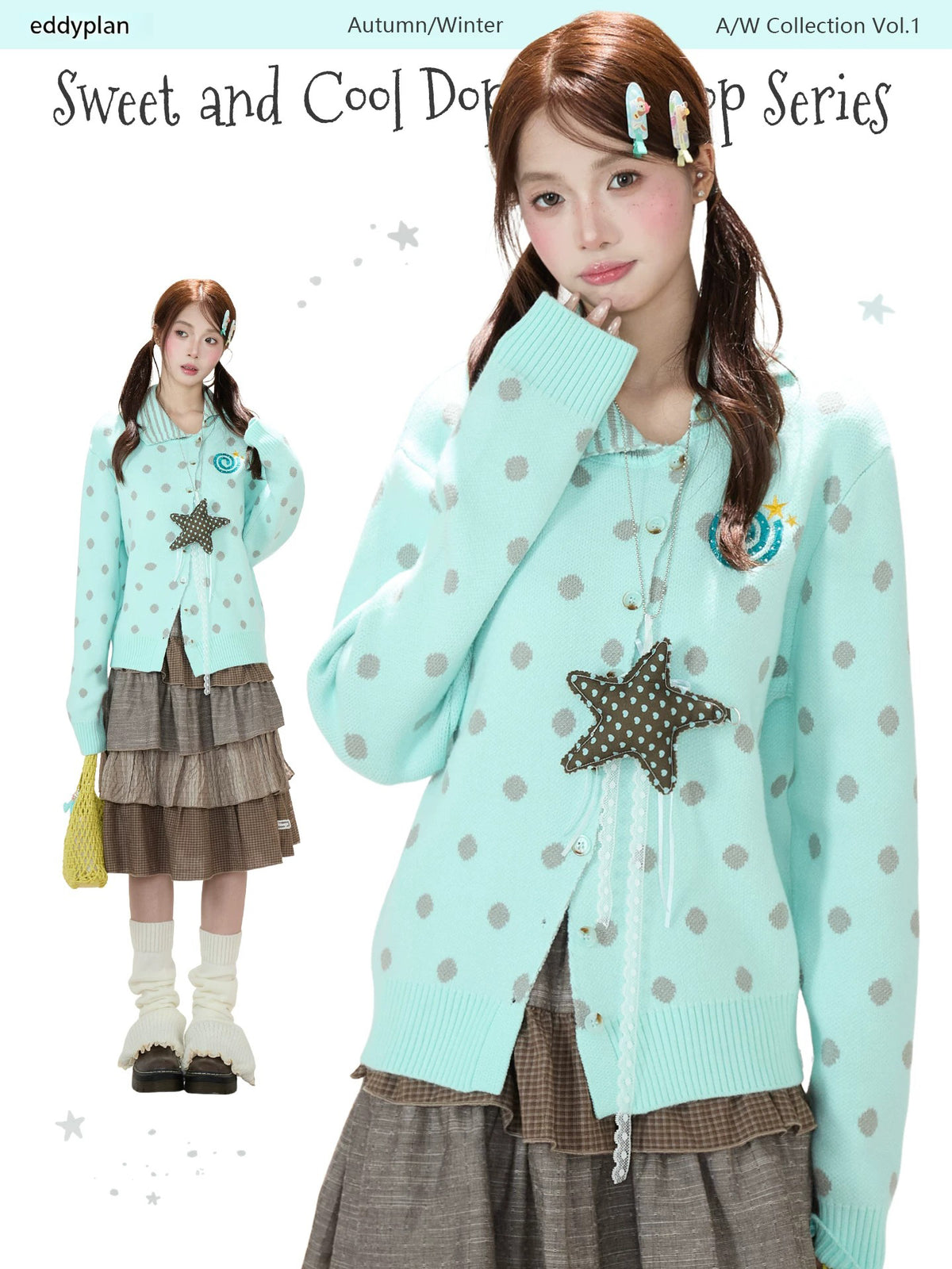Polka-Dot Asymmetric Knit Cardigan & Tiered Midi Skirt