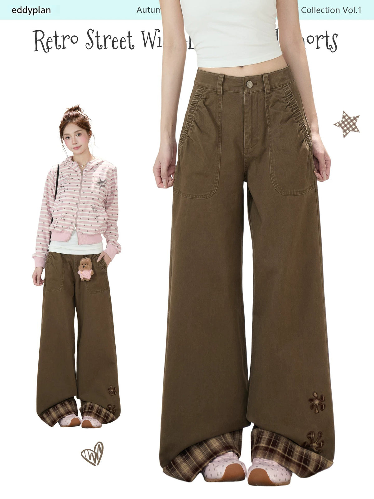 Plaid-Cuff Vintage Wide-Leg Work Pants
