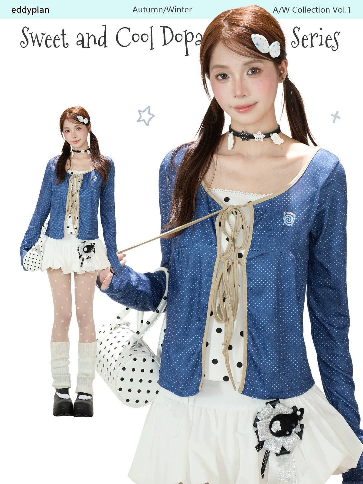 Polka-Dot Lace-Up Layered Long Sleeve Top & White Mini Skirt