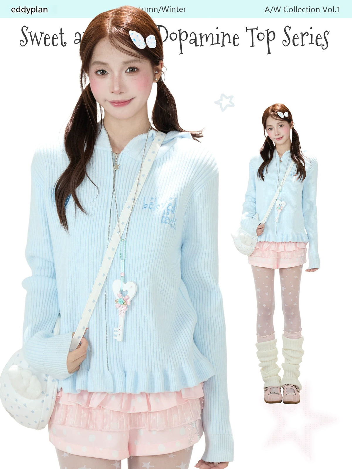 Cat-Ear Hooded Knit Zip Cardigan & Pink Ruffle Shorts
