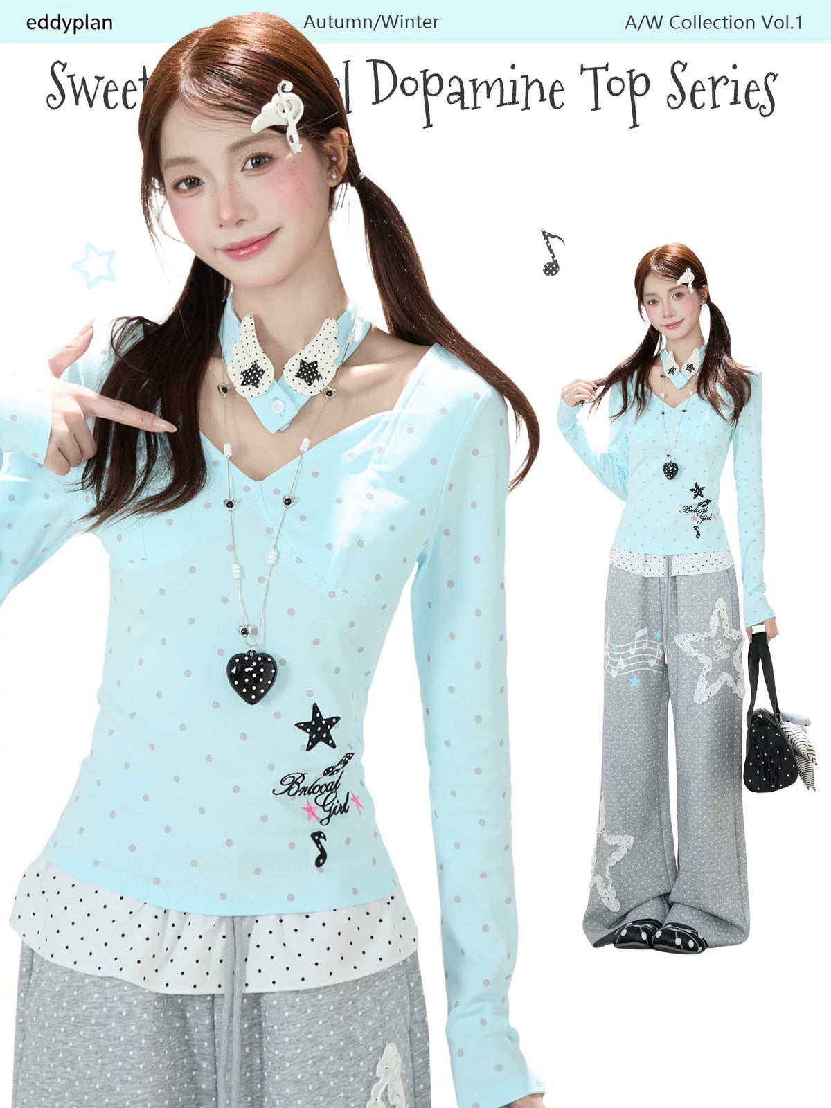 Polka-Dot V-Neck Long Sleeve Top & Lace Star Wide-Leg Pants