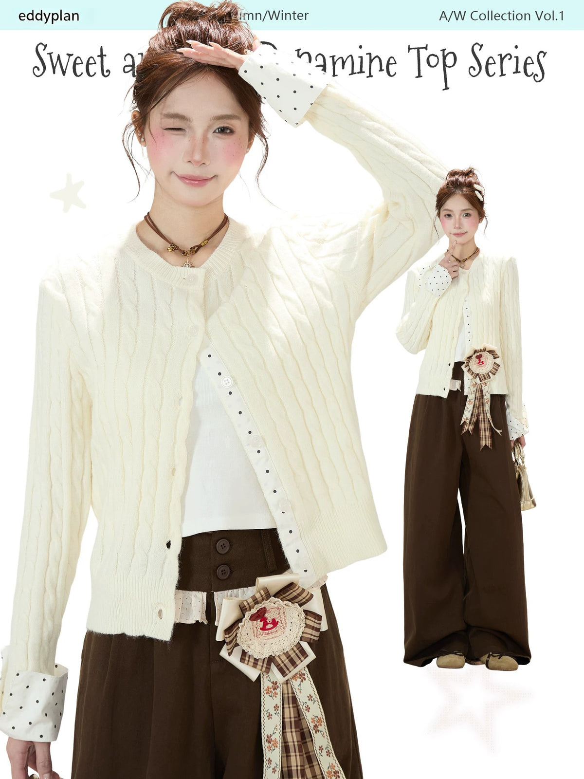 Cable-Knit Polka-Dot Faux-Layered Cardigan