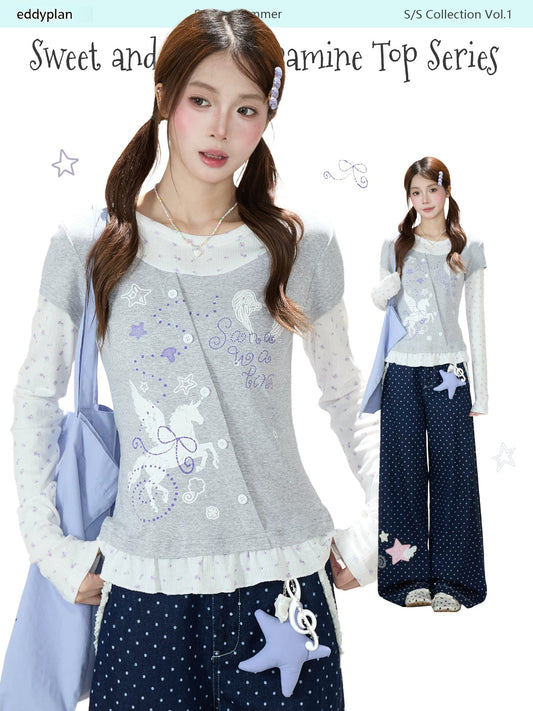 Floral Layered Long Sleeve Top & Navy Polka-Dot Wide-Leg Pants