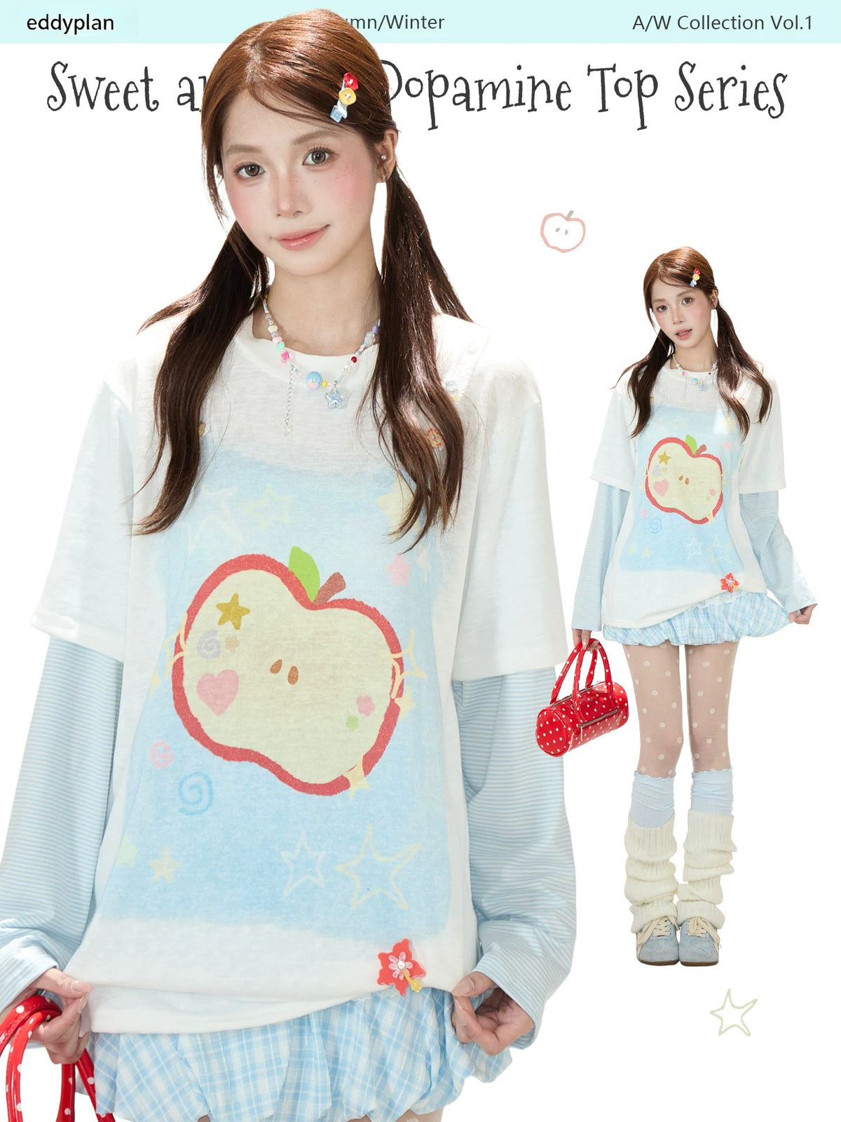 Apple Doodle Layered Long Sleeve Tee & Light Blue Ruffle Mini Skirt
