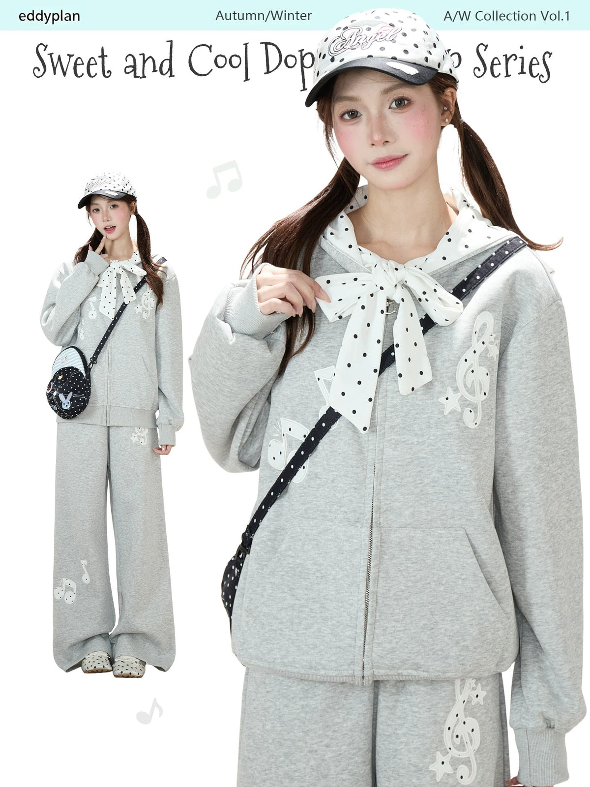 Music Note Polka-Dot Bow Zip-Up Hoodie & Gray Wide-Leg Pants