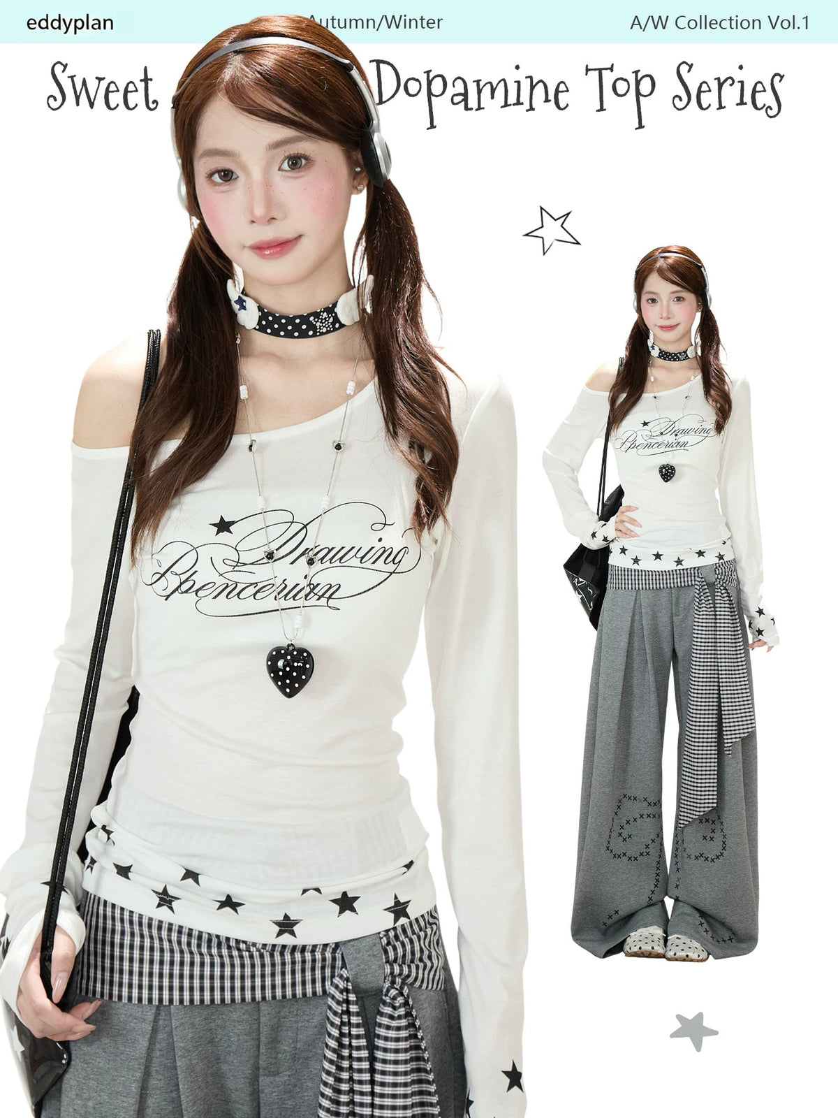 Star Letter Off-Shoulder Long Sleeve Top & Gray Graphic Wide-Leg Pants
