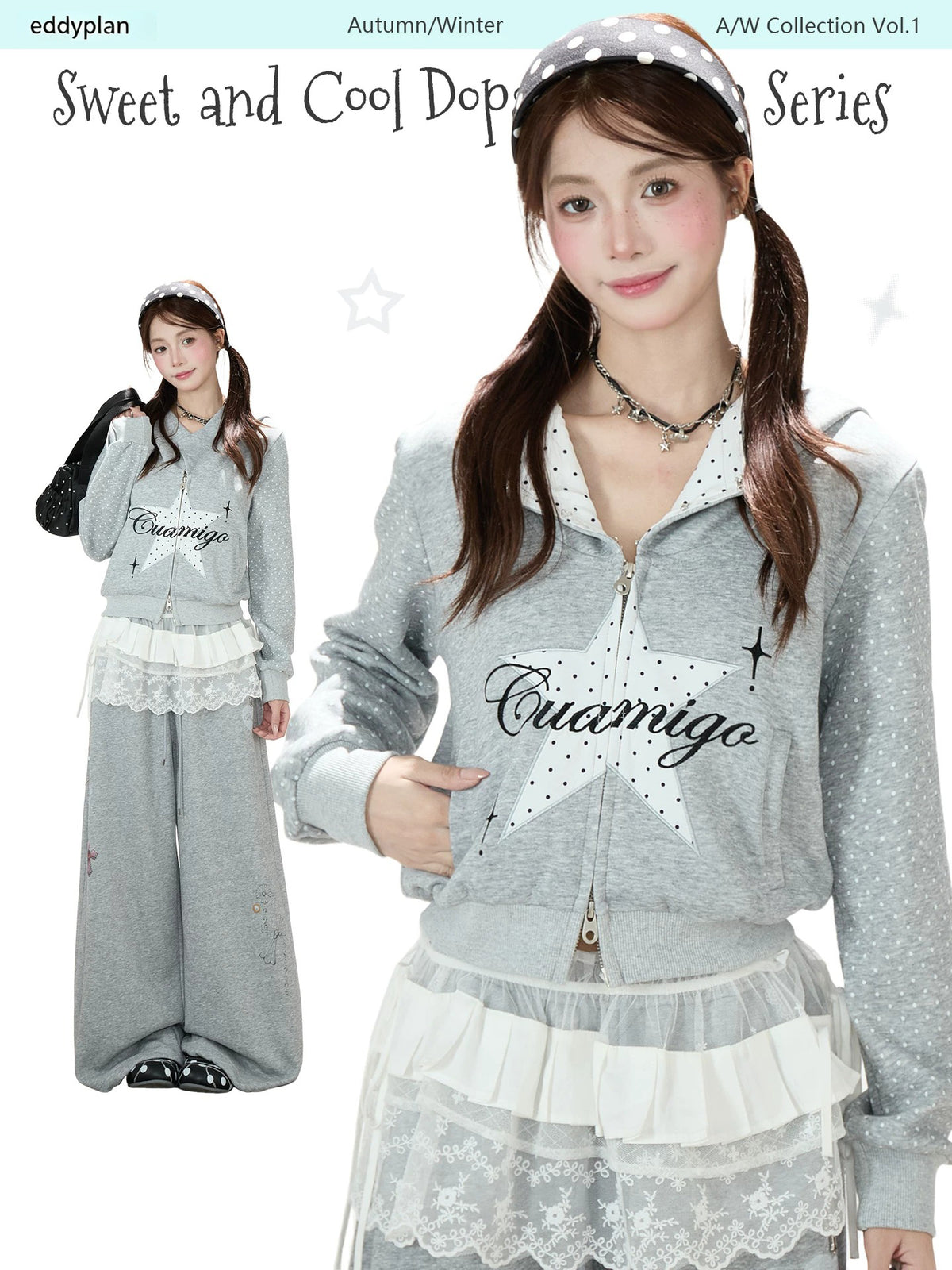 Star Polka-Dot Cropped Zip-Up Hoodie & Gray Wide-Leg Sweatpants