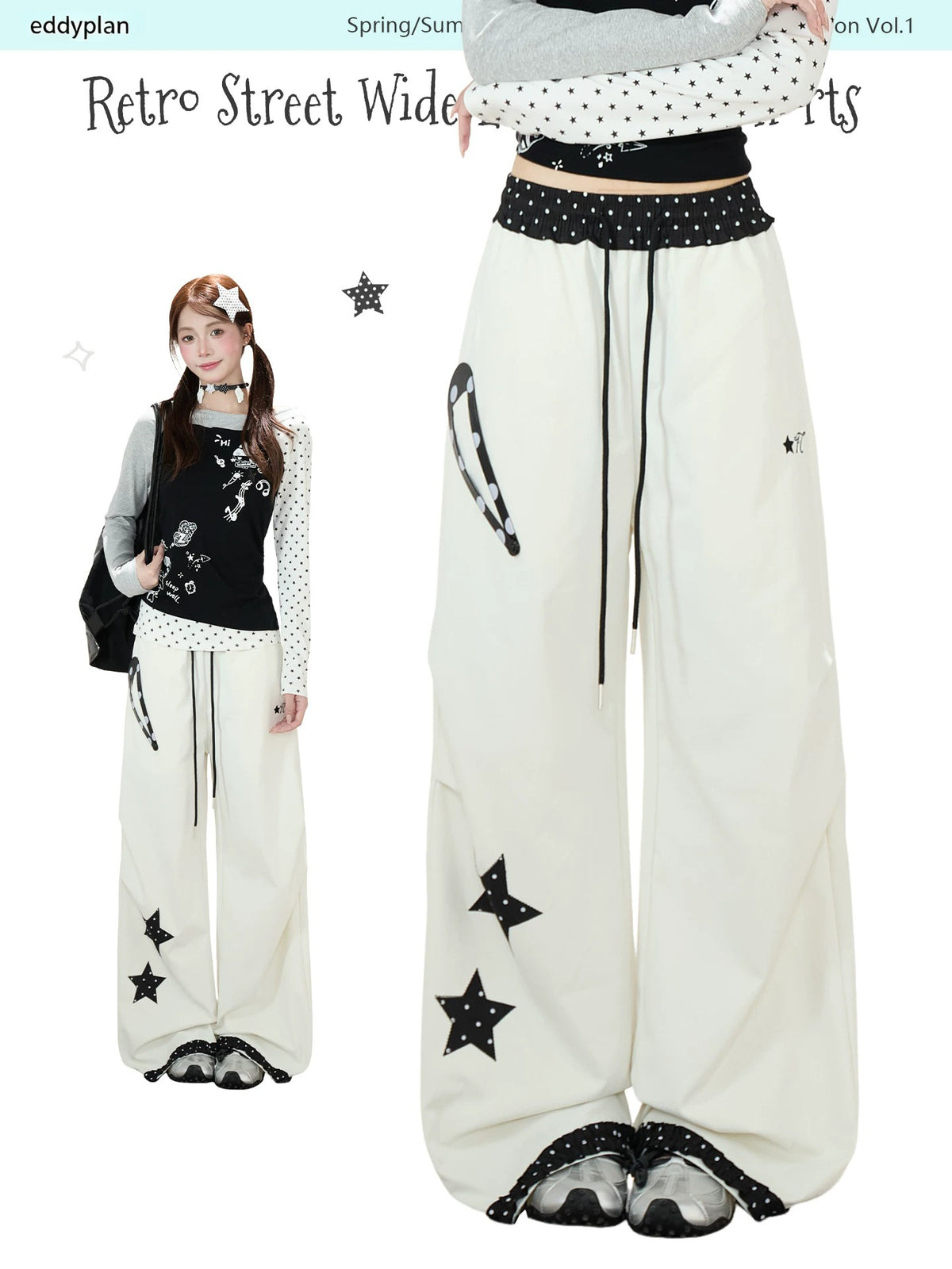 Star Polka-Dot Patchwork Wide-Leg Cargo Pants