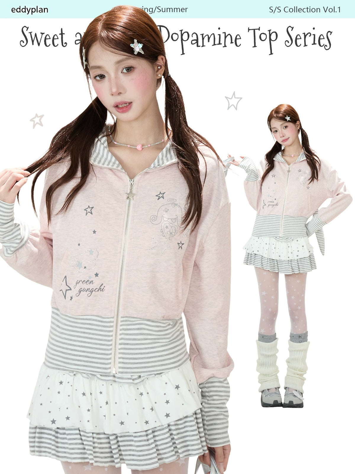 Cartoon Stripe Bunny-Ear Zip-Up Hoodie