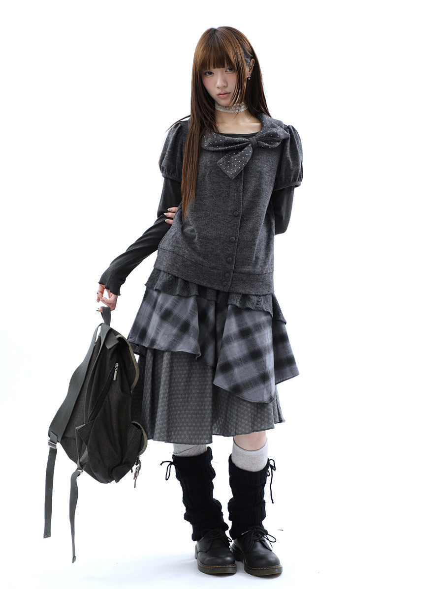 Asymmetric Plaid Layered Midi Skirt