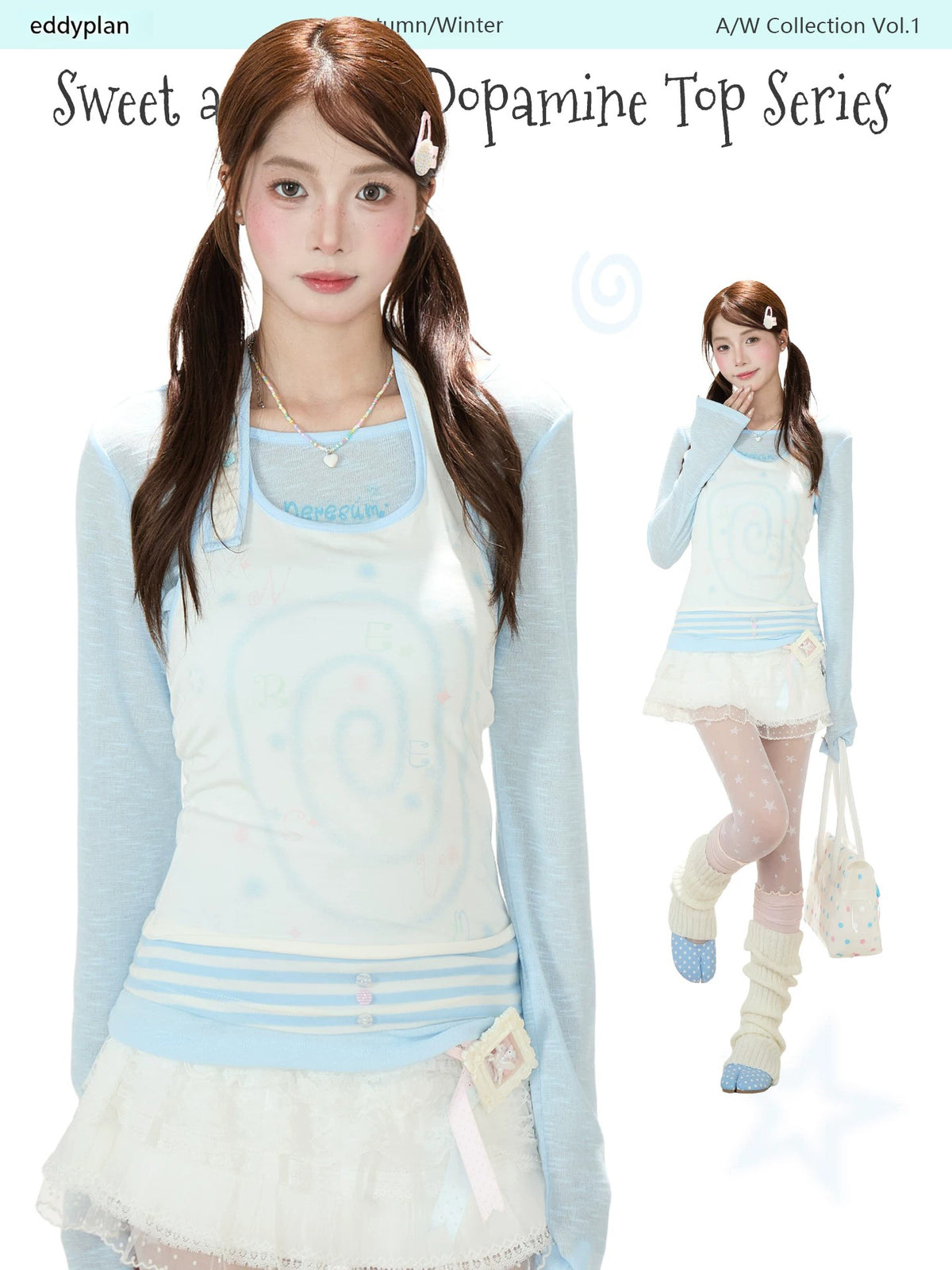 Sheer Blue Long Sleeve & Halter Cami Two-Piece Top Set